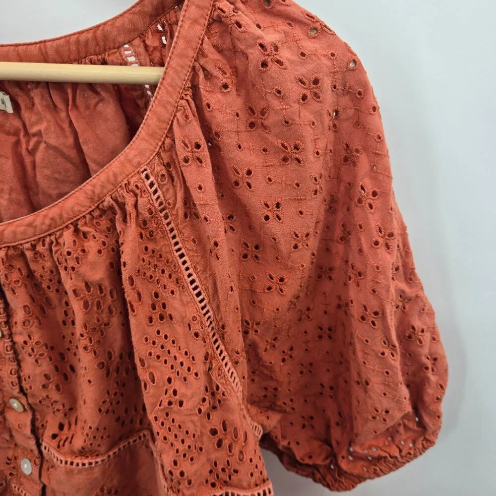 Faherty Rust Burnt Orange Eyelet 100% Organic Cotton Boho Blouse Size Medium - Picture 10 of 16